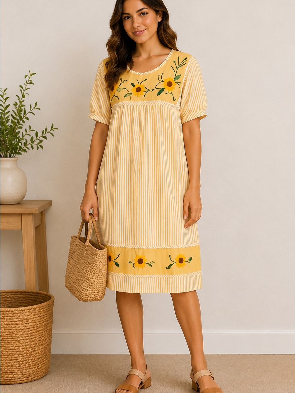 Vintage Woman Within Floral Cotton Embroidered Yellow Garden Dress Pockets Med
